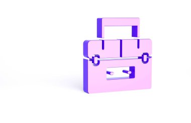 Mor Vaka ya da sallanan kutu kutusu ve beyaz arka planda izole edilmiş balıkçılık ekipmanları ikonu. Balık oltası. Minimalizm kavramı. 3d illüstrasyon 3B canlandırma.