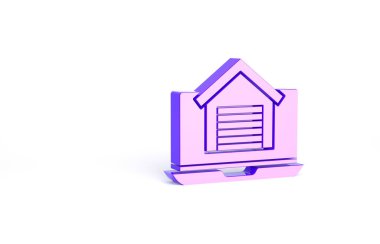 Dizüstü bilgisayardaki Purple Online emlak evi beyaz arka planda izole edilmiş. Ev kredisi konsepti, kira, satın alma, mülk alma. Minimalizm kavramı. 3d illüstrasyon 3B canlandırma.