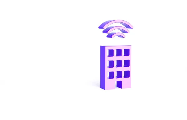 白の背景に隔離された無線アイコンを持つパープルスマートホーム 遠隔操作だ ワイヤレス接続で物事の概念のインターネット 最小限の概念 3Dイラスト3Dレンダリング — ストック写真