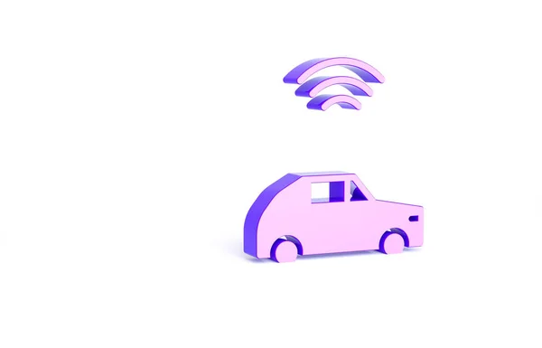 白の背景に隔離された無線接続アイコンを持つ紫のスマートカーシステム 最小限の概念 3Dイラスト3Dレンダリング — ストック写真