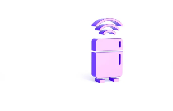 Purple Smart refrigerator icon isolated on white background. Fridge freezer refrigerator. Internet of things concept with wireless connection. Minimalism concept. 3d illustration 3D render.