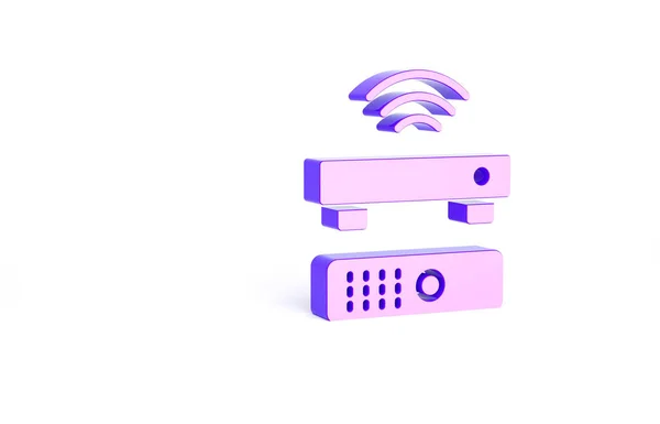 Purple Wireless multimedia and TV box receiver and player with remote controller icon isolated on white background. Minimalism concept. 3d illustration 3D render.