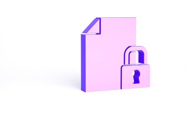 Mor Belge ve kilit simgesi beyaz arkaplanda izole edildi. Dosya biçimi ve asma kilit. Güvenlik, güvenlik, koruma kavramı. Minimalizm kavramı. 3d illüstrasyon 3B canlandırma.