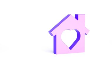 Beyaz arka planda izole edilmiş kalp simgesi olan Mor Ev. Aşk ev sembolü. Aile, emlak ve gayrimenkul. Minimalizm kavramı. 3d illüstrasyon 3B canlandırma.
