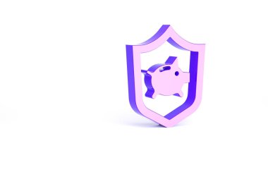 Beyaz arka planda izole edilmiş kalkan ikonu olan mor domuz kumbarası. Para biriktirmek ya da biriktirmek, yatırım. Sigorta konsepti. Minimalizm kavramı. 3d illüstrasyon 3B canlandırma.