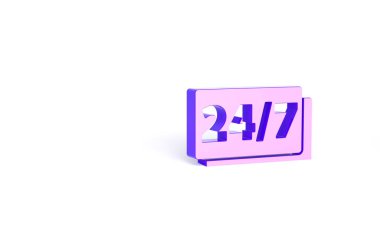 Mor Saat 24 saat simgesi beyaz arkaplanda izole edildi. Tüm gün döngü simgesi. 24 saat hizmet sembolü. Minimalizm kavramı. 3d illüstrasyon 3B canlandırma.