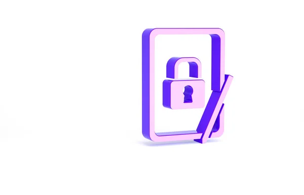 Purple Graphic Tablet Closed Padlock Icon Isolated White Background Phone — Stock Photo, Image