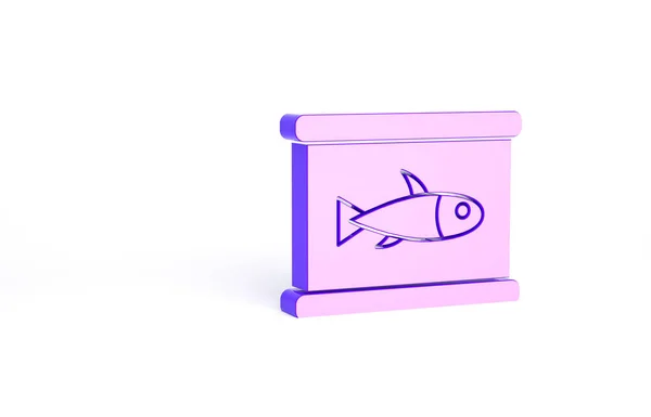 배경에는 보라색 통조림 물고기 아이콘이 분리되어 미니멀리즘의 개념입니다 렌더링 — 스톡 사진