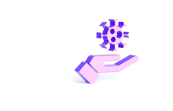 白い背景にウイルスのアイコンが隔離された紫色の手 コロナウイルス2019 Ncov 細菌や細菌 細胞癌 微生物 最小限の概念 3Dイラスト3Dレンダリング — ストック写真