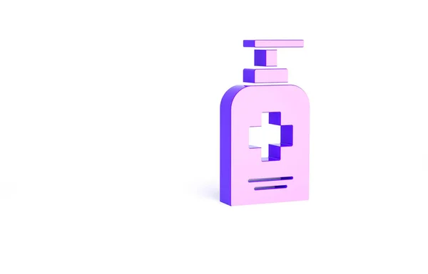 紫色瓶液体抗菌肥皂与配药图标分离的白色背景 防腐剂消毒 护肤最低纲领的概念 3D渲染3D插图 — 图库照片