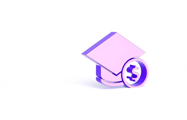紫色毕业帽和硬币图标孤立在白色背景 教育和金钱 奖学金费用或贷款 学费或学习费用的概念 最低纲领的概念 3D渲染3D插图 — 图库照片