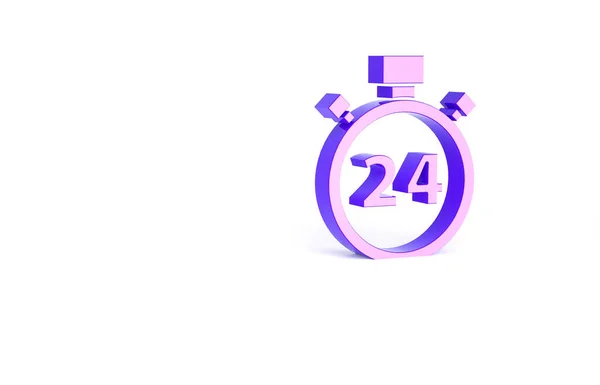 白の背景に隔離された紫ストップウォッチ24時間アイコン 丸一日アイコン 24時間サービスシンボル 最小限の概念 3Dイラスト3Dレンダリング — ストック写真