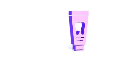 Beyaz zemin üzerinde izole edilmiş mor diş macunu simgesi tüpü. Minimalizm kavramı. 3d illüstrasyon 3B canlandırma.