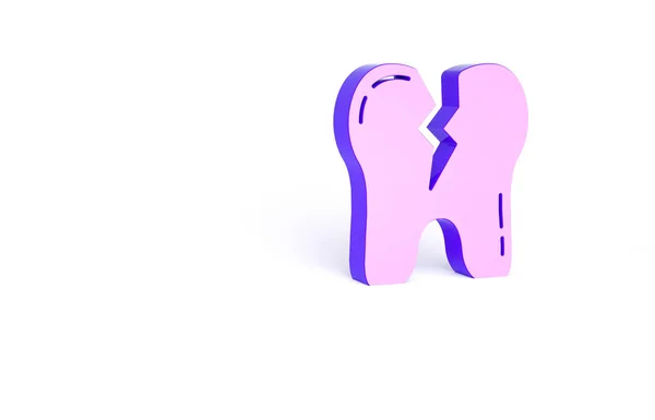 白の背景に分離された紫色の壊れた歯のアイコン 歯の問題のアイコン 歯のケアのシンボル 最小限の概念 3Dイラスト3Dレンダリング — ストック写真