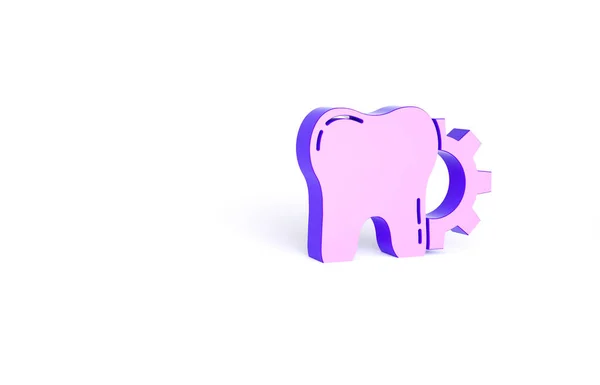 白の背景に隔離された紫色の歯の治療手順アイコン 歯車で歯の修理 最小限の概念 3Dイラスト3Dレンダリング — ストック写真