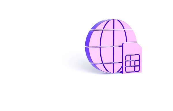 紫色的Globe Sim Card图标在白色背景上被隔离 移动和无线通信技术 网络芯片电子连接 最低纲领的概念 3D渲染3D插图 — 图库照片