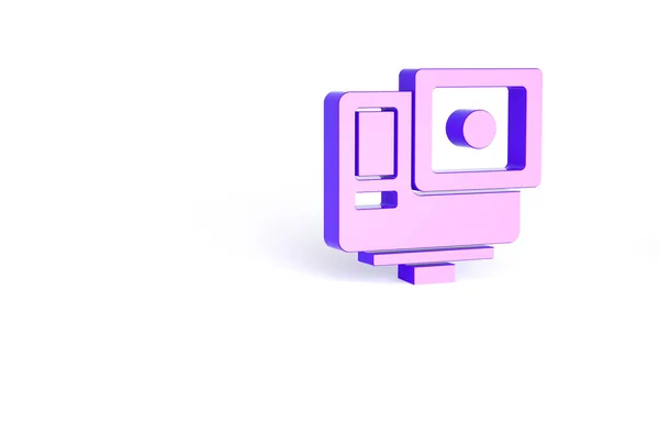 紫色行动极端相机图标隔离在白色背景 拍摄极限运动的摄像机设备 最低纲领的概念 3D渲染3D插图 — 图库照片