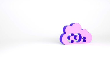 Bulut simgesindeki mor CO2 emisyonları beyaz arka planda izole edildi. Karbondioksit formülü, duman kirliliği konsepti, çevre konsepti. Minimalizm kavramı. 3d illüstrasyon 3B canlandırma.