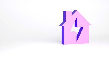 Mor Ev ve beyaz arka planda izole edilmiş yıldırım ikonu. Ev enerjisi. Minimalizm kavramı. 3d illüstrasyon 3B canlandırma.