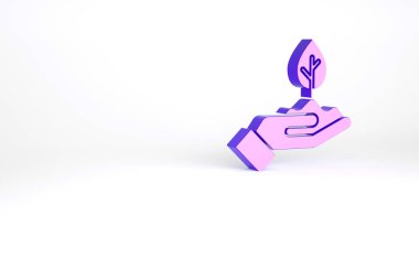 Beyaz arka planda izole edilmiş çevresel koruma ikonu elinde mor bitki. Tohum ve tohum. Fidan dikiyorum. Minimalizm kavramı. 3d illüstrasyon 3B canlandırma.