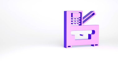 Mor Ofis çoklu işlevli yazıcı kopyalama makinesi simgesi beyaz arkaplanda izole edildi. Minimalizm kavramı. 3d illüstrasyon 3B canlandırma.