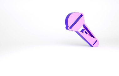 Mor mikrofon simgesi beyaz arkaplanda izole edildi. Radyodaki mikrofondan. Sözcü işareti. Minimalizm kavramı. 3d illüstrasyon 3B canlandırma.