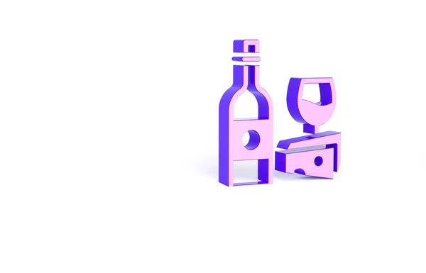 Bottiglia Vino Viola Con Icona Vetro Formaggio Isolata Sfondo Bianco — Foto Stock