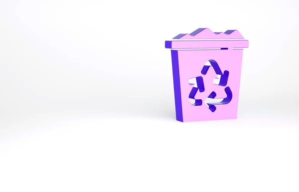 白の背景に隔離されたリサイクルシンボルアイコンと紫のごみ箱 ゴミはアイコンになる ゴミのゴミ箱の看板 リサイクルバスケットのサイン 最小限の概念 3Dイラスト3Dレンダリング — ストック写真