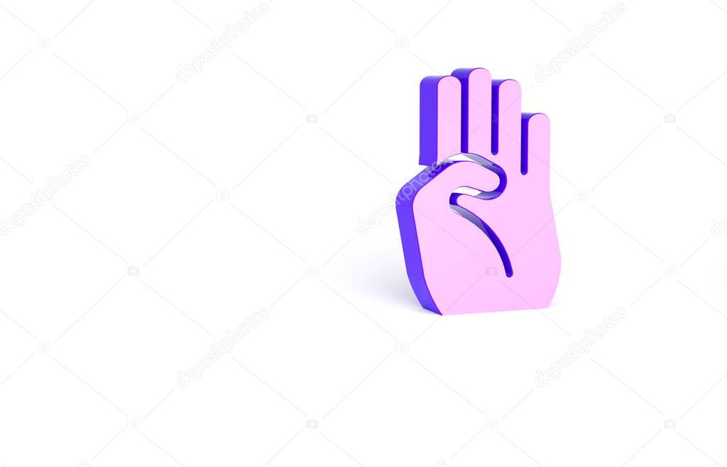 Purple Indian symbol hand icon isolated on white background. Minimalism concept. 3d illustration 3D render.