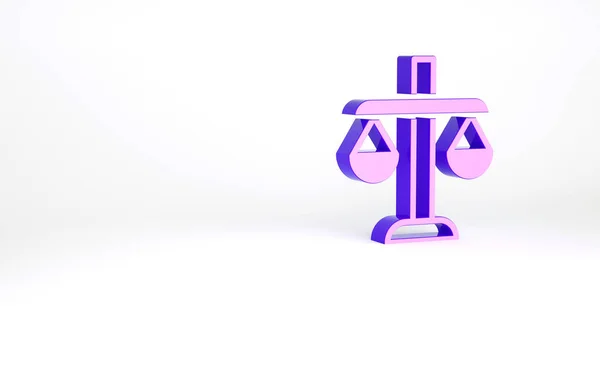 白い背景に分離された正義のアイコンの紫のスケール 裁判所のシンボル バランス スケール サイン 最小限の概念 3Dイラスト3Dレンダリング — ストック写真