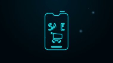 Parlayan neon hattı cep telefonu ve alışveriş arabası simgesi siyah arka planda izole edildi. İnternetten satın alma sembolü. Süpermarket sepeti sembolü. 4K Video hareketli grafik canlandırması