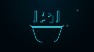 Parlayan neon hattı alışveriş sepeti ve siyah arka planda izole edilmiş yiyecek ikonu. Yiyecek dükkanı, süpermarket. 4K Video hareketli grafik canlandırması