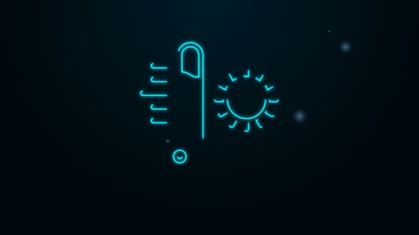Zářící neonová čára Meteorologický teploměr měřicí ikona izolované na černém pozadí. Teploměr ukazuje teplé nebo studené počasí. Grafická animace pohybu videa 4K — Stock video