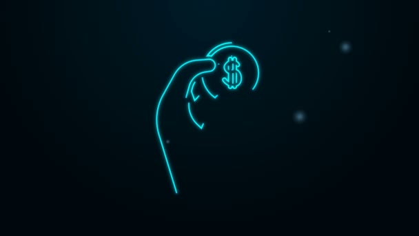 Gloeiende neon lijn Hand houden munt geld pictogram geïsoleerd op zwarte achtergrond. Dollar of USD symbool. Cash Banking valutateken. 4K Video motion grafische animatie — Stockvideo