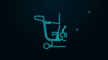 Parlayan neon hattı alışveriş arabası ve siyah arka planda izole edilmiş yiyecek ikonu. Yiyecek dükkanı, süpermarket. 4K Video hareketli grafik canlandırması