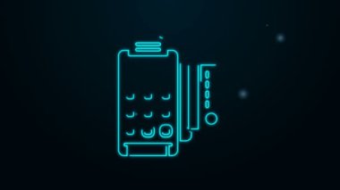 Siyah arkaplanda parlayan neon hattı POS terminali, eklenmiş kredi kartı ve yazdırılmış alıcı simgesi var. NFC ödeme konsepti. 4K Video hareketli grafik canlandırması