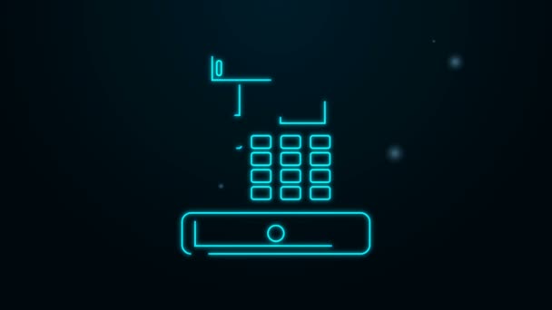 Linha de néon brilhante Máquina de caixa registradora com um ícone de verificação isolado no fundo preto. Sinal de caixa. Símbolo da caixa. Animação gráfica em movimento de vídeo 4K — Vídeo de Stock