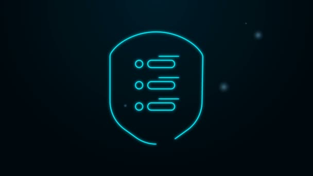 Leuchtender Neon Line Server mit Schild-Symbol isoliert auf schwarzem Hintergrund. Schutz vor Angriffen. Netzwerk-Firewall, Router, Switch, Daten. 4K Video Motion Grafik Animation — Stockvideo