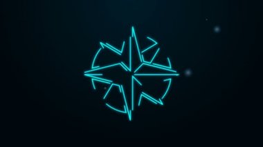 Parlayan neon çizgisi. Rüzgar simgesi siyah arkaplanda izole edilmiş. Seyahat için pusula simgesi. Navigasyon tasarımı. 4K Video hareketli grafik canlandırması