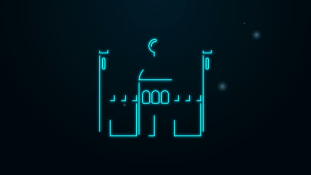 Светящаяся неоновая линия икона мусульманской мечети выделена на черном фоне. Видеографическая анимация 4K — стоковое видео
