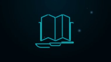 Siyah arkaplanda izole edilmiş dizüstü bilgisayar simgesinde ormanın parlayan neon hattı konumu. 4K Video hareketli grafik canlandırması