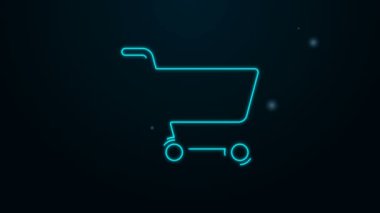 Parlayan neon hattı alışveriş arabası simgesi siyah arka planda izole edildi. İnternetten satın alma konsepti. Servis tabelası. Süpermarket sepeti sembolü. 4K Video hareketli grafik canlandırması