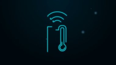 Parlayan neon hattı. Siyah zemin üzerinde izole edilmiş akıllı meteoroloji termometre ölçüm sistemi simgesi. İnternet kavramının kablosuz bağlantısı. 4K Video hareketli grafik canlandırması