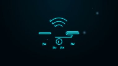 Parlayan neon hattı Akıllı İHA sistemi simgesi siyah arkaplanda izole edildi. Video ve fotoğraf makinesi sembollü dörtlü helikopter. 4K Video hareketli grafik canlandırması