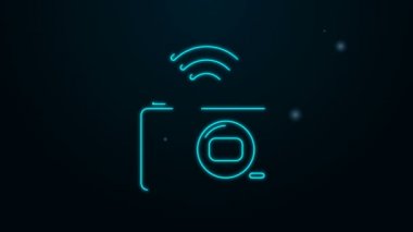 Parlayan neon hattı. Siyah arkaplanda akıllı kamera sistemi simgesi izole edildi. İnternet kavramının kablosuz bağlantısı. 4K Video hareketli grafik canlandırması