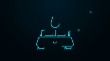Parlayan neon hattı Kamp gaz sobası ikonu siyah arka planda izole edildi. Taşınabilir gaz ocağı. Yürüyüş, kamp malzemeleri. 4K Video hareketli grafik canlandırması