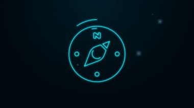 Parlayan neon hattı pusula simgesi siyah arkaplanda izole edildi. Rüzgâr yön bulma sembolü. Rüzgar gül işareti. 4K Video hareketli grafik canlandırması