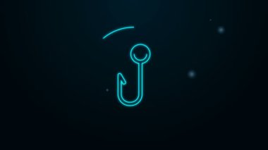 Parlayan neon hattı. Balıkçı kancası simgesi siyah arkaplanda izole edildi. Balık oltası. 4K Video hareketli grafik canlandırması
