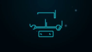 Parlayan neon hattı kabı ya da sallanan kutu kutusu ve siyah arka planda izole edilmiş balıkçılık ekipmanları ikonu. Balık oltası. 4K Video hareketli grafik canlandırması