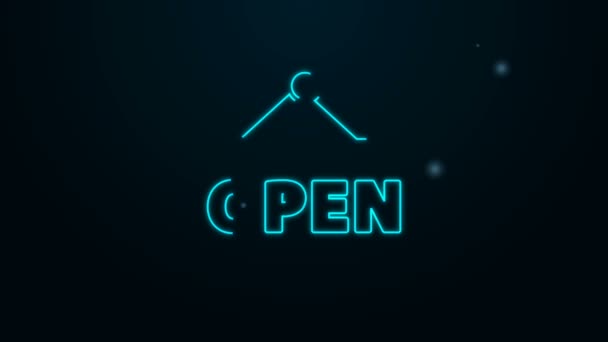 Gloeiende neon lijn Opknoping bord met tekst Open deur pictogram geïsoleerd op zwarte achtergrond. 4K Video motion grafische animatie — Stockvideo
